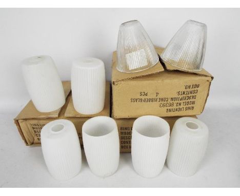 Three boxes of four ceiling light shades and six similar loose examples.