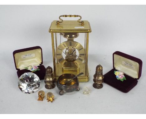 Lot to include a set of silver salt and pepper cruets, Birmingham assay 1911, a plated open salt and spoon, clock, Swarovski 