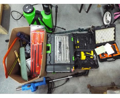 Gardening tools to include tree pruner, backpack weed sprayer, and multi-functional weed burner. A Power8 Workshop, a cased e