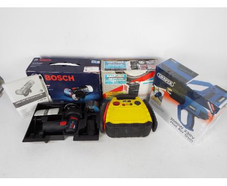 Lot to include a Bosch cordless angle grinder, Draper hot air gun, air compressor and similar.