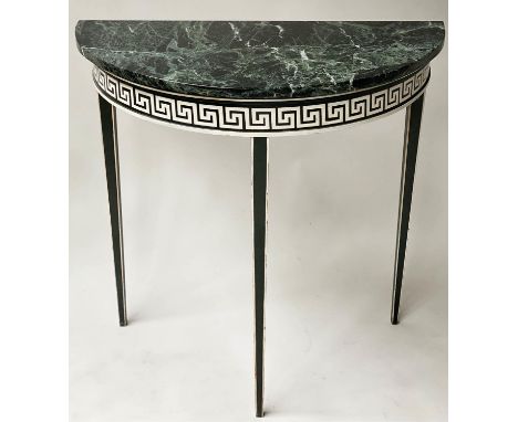 CONSOLE TABLE, 20th century Italian demi lune, with verde antico marble top, painted Greek key frieze and white outline, 77cm
