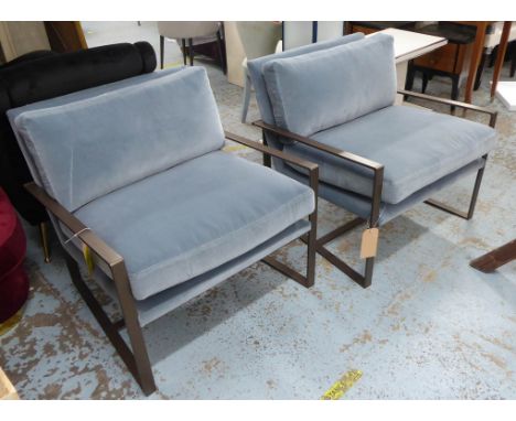 OPEN ARMCHAIRS, a pair, with light blue velvet upholstery and metal frames, each 80cm W x 79cm H. (2) 