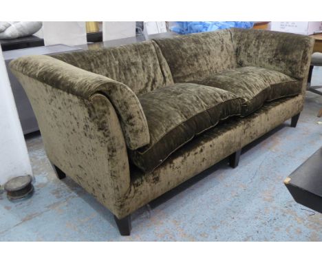 SOFA, contemporary olive green upholstered, with siege de duvet arms and ebonised supports, 210cm W approx. 