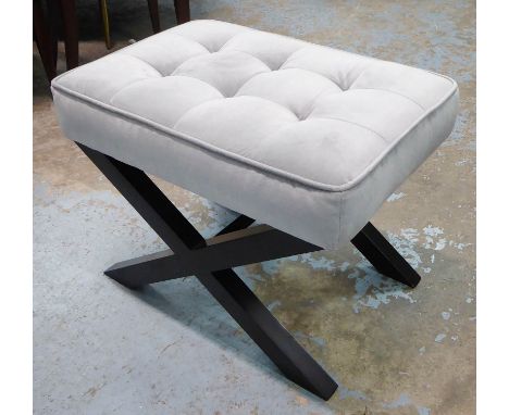 STOOL, with a velvet light blue seat and x frame base, 63cm W x 43cm D x 47cm H. 