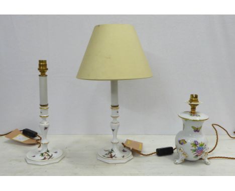 HERRAND TABLE LAMPS, a pair, hand painted porcelain with butterflies and birds, each 35cm H including light fitting and anoth