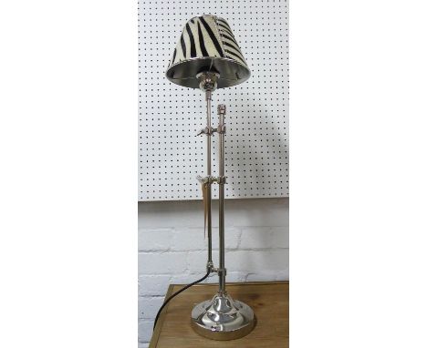 ADJUSTABLE READING LAMP, faux zebra skin shade, 88cm at tallest. 
