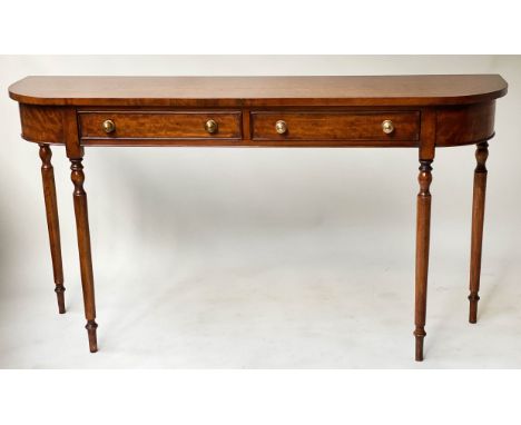 CONSOLE/HALL TABLE, George III design satinwood of shallow D form with two frieze drawers, 120cm x 33cm x 76cm H. 