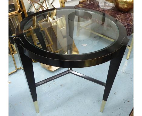 LAMP TABLE, the circular glass top, inset in a black base, 68cm W x 67cm H. 