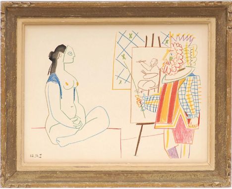 PABLO PICASSO 'Artist and Model', lithograph, 1954, printed by Mourlot, Suite: La Comedie Humaine, 26cm x 34cm, framed and gl