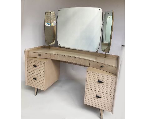 'LEBUS' DRESSING TABLE, 1970's ridged oak with triptych mirrors, seven drawers including filled frieze drawer, 122cm W x 42cm