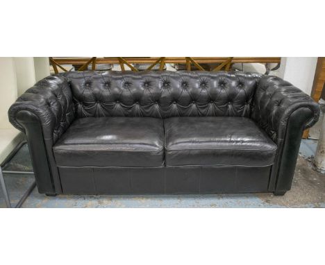 CHESTERFIELD SOFA, buttoned black leather, 200cm W. 