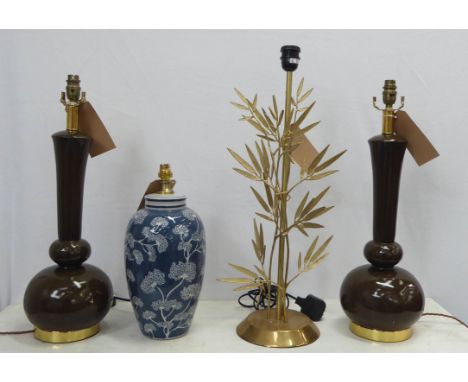 LAMP BASES, a pair, chocolate porcelain coloured on gilt bases, each 60cm H (paint slightly chipped), along with a blue and w
