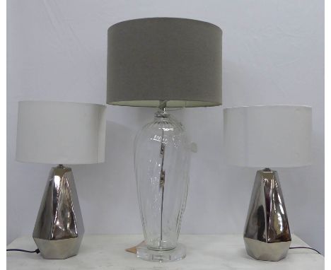 TABLE LAMP, large glass, overall 81cm H including shade and contemporary silvered lamps of geometric form, 53cm H overall inc