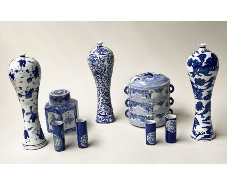 CHINESE CERAMICS, a group of blue and white Chinese ceramic ware including three tall vases, a hexagonal lidded pot, rice bow