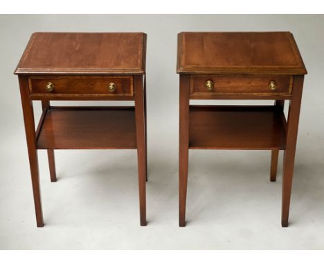 LAMP TABLES, a pair, George III design yewwood and satinwood crossbanded each with drawer and undertier, 40cm x 33cm x 62cm H
