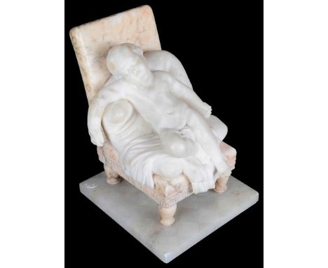 A 19th Century Marble and Alabaster Sculpture:Depicting a sleeping putti in a chair, H 24 cm x W 18 cm