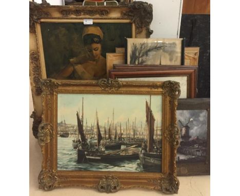 A quantity of pictures to inc a harbour scene oil, 30 x 40 cm, hunting prints, portrait of a lady etc