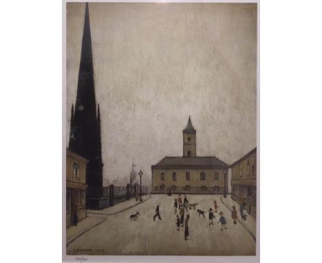 After Laurence Stephen Lowry, R.A. (British, 1887-1976): Town Hall, Middlesborough, limited edition offset lithograph, publis