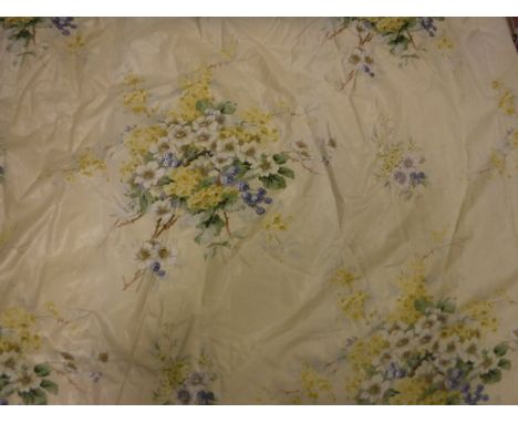 A pair of glazed cotton yellow ground Jean Munro Spring Flowers pattern curtains, approx 164 cm drop x 150 cm wide at bottom,