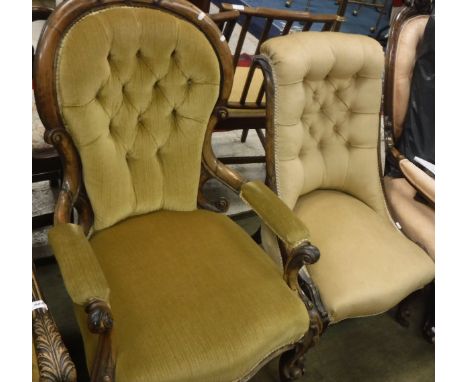 A Victorian walnut button back salon arm chair and a button back nursing chair
