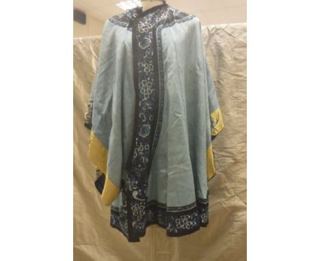 A 19th Century Chinese kimono, the plain blue ground with embroidered yellow sleeves together with a box containing various o