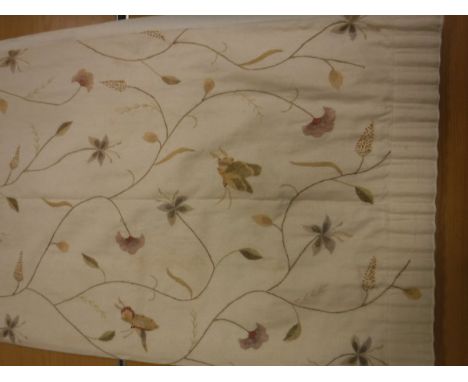 A pair of cotton cream ground crewel work insect and flower decorated curtains, lined, with taped pencil pleat headings, appr