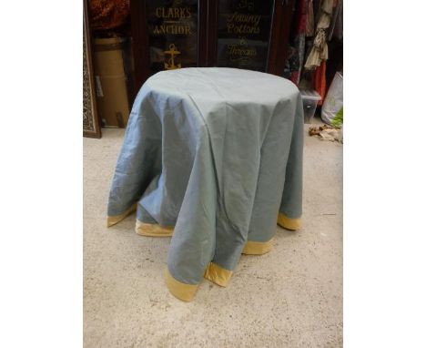 A box containing three circular table covers, one Colefax and Fowler glazed cotton and two blue and yellow silk covers with t