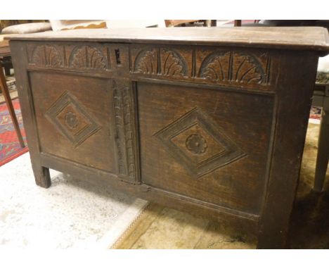 An 18th Century oak coffer of small proportions, a white painted dressing stool and a mahogany occasional table and a painted