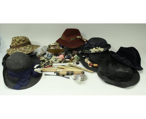 A box of assorted vintage buttons, crochet hooks etc, a box of assorted lace/bordier englaise trim and a box of vintage hats,