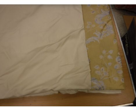 A pair of silk type gold, blue and terracotta mini check / gingham style curtains, interlined, with pencil pleat headings, ap