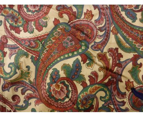 Nine pairs and two single cotton type cream ground, purple and green Paisley style pattern lined curtains. Seven pairs and th