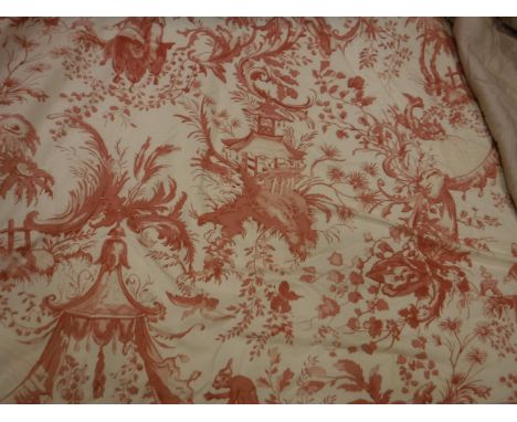 Two pairs of cotton coral and cream chinoiserie style decorated curtains, interlined, with rufflette tape headings, approx 24