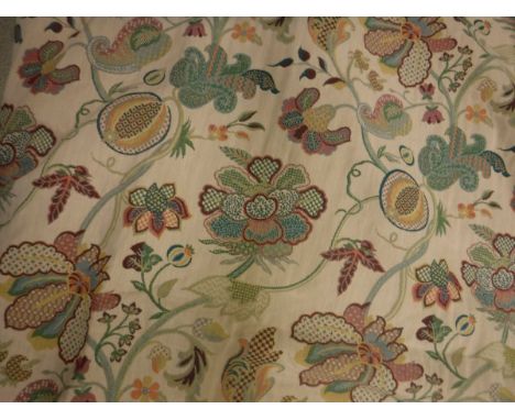 Three pairs of cotton type green ground curtains with multi-coloured floral and fruit decoration, lined, with rufflette headi