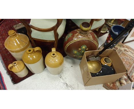 A large painted middle eastern moon flask, a painted floor vase, four various stoneware flagons and pot, leather holdall, cop