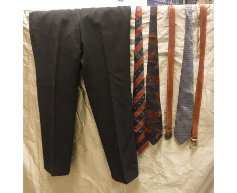 A box of assorted men's ties to include Polo by Ralph Lauren, Levine, Pakeman, Cato &amp; Carter, etc, with various belts and