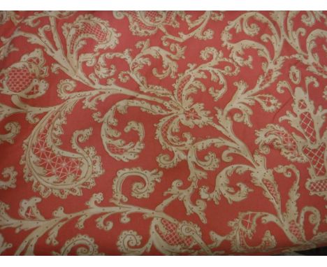 Two pairs of cotton type cream and coral foliate decorated curtains, interlined, with pencil pleat taped headings, one pair a