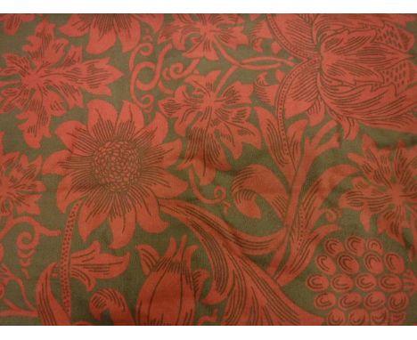 Two pairs of cotton type red and green coloured Sanderson's William Morris Acanthus print curtains, interlined, with triple p