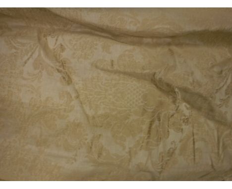 A pair of silk gold ground classical foliated decorated interlined curtains with fixed triple pinch pleat headings 290cm drop