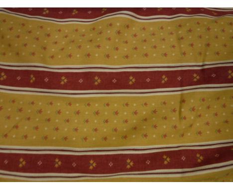 Two pairs of cotton twill yellow and red striped with floral motifs curtains, interlined, with integral pelmet and fixed trip