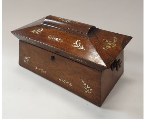 An early 19th Century rosewood and mother of pearl inlaid sarcophagus shaped tea caddy with fitted interior, the canisters in