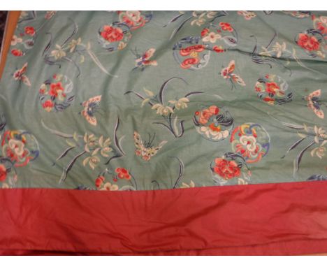 Two pairs of glazed cotton turquoise and pink chinoiserie style curtains, interlined, with rufflette taped headings, approx 2