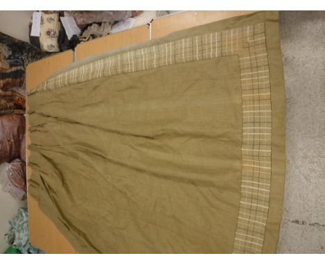 Two pairs of Noblisqu Fontain linen curtains in dark beige / olive with checked trim, black outline and fixed triple pinch pl