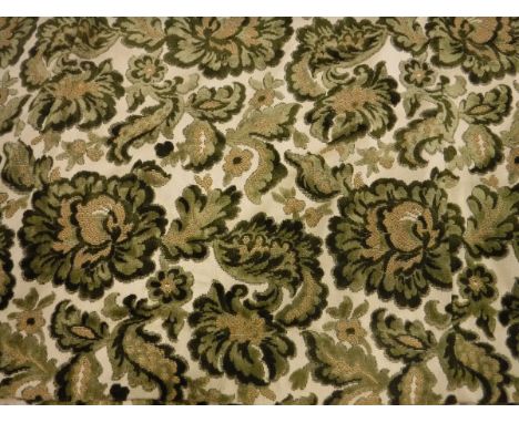 Two pairs of chenille green and beige foliate curtains, lined, with pencil pleat headings, one pair approx 206 cm drop x 300 