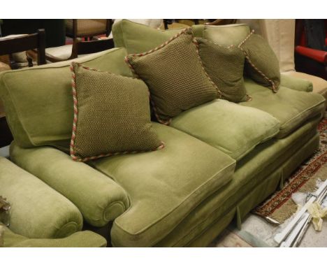 A modern upholstered three seat sofa, matching two seat sofa pouffe and four cushions (green) 