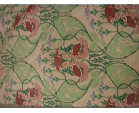 A pair of Art Nouveau Liberty type glazed cotton cream ground floral decorated lined curtains with tape pencil pleat headings
