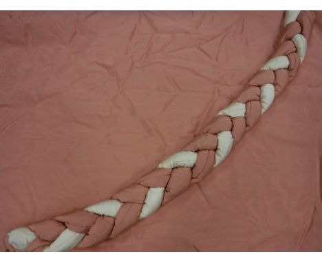 Two pairs of faux silk pale pink moire style curtains, interlined, with pencil pleat taped headings and matching swags and ta