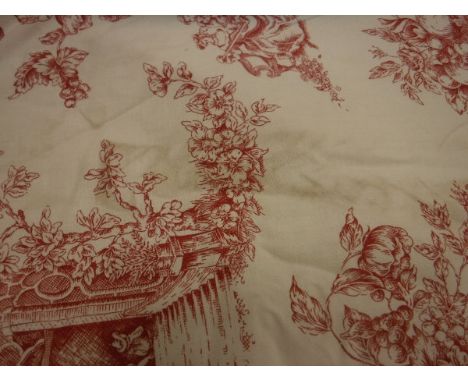 A pair of cotton type Toile de Jouy curtains in cream and red, interlined, with fixed triple pinch pleat headings, approx 285
