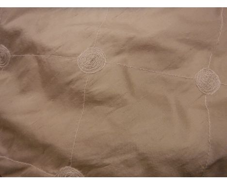 A pair of silk pale pink self coloured embroidered curtains, interlined, with fixed triple pinch pleat headings, approx 256 c