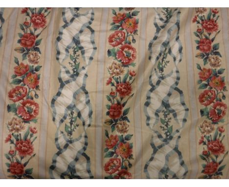 A pair of glazed cotton cream ground pink and blue floral ribbon striped curtains, interlined, with pleat headings, approx 28