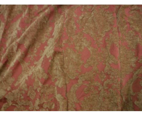 Two single chenille gold and terracotta foliate decorated curtains, with fixed triple pinch pleat headings, one approx 276 cm